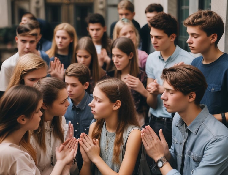 A group of people, predominantly men, are engaged in a moment of prayer or reflection. One individual wears a camouflage uniform with a white belt, raising both hands, conveying a sense of devotion. Others are dressed in yellow jackets and traditional hats. Their expressions range from focused to emotional, with hands clasped or raised. The setting has a rustic backdrop with wooden and corrugated metal elements.