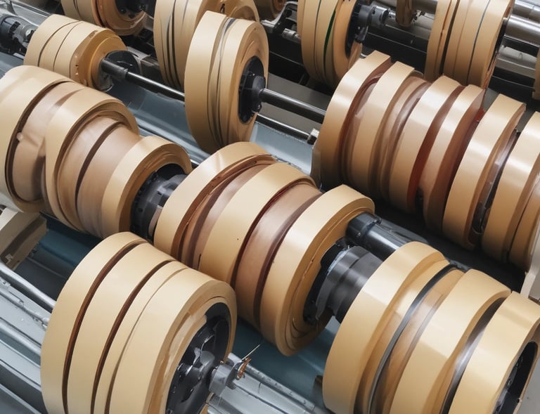 Spools of copper wire arranged in rows with a soft industrial background