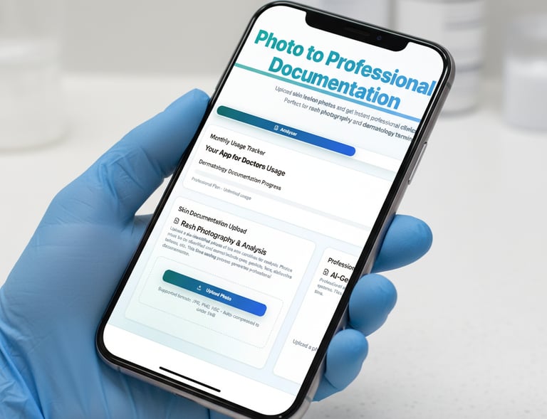 Mobile phone screen showing derm describe app being held by a gloved hand