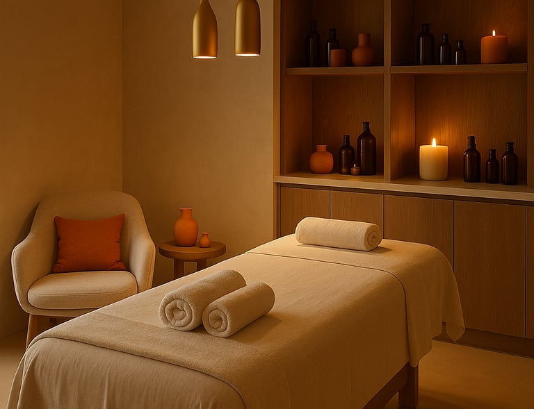 a massage room with a bed and a chair