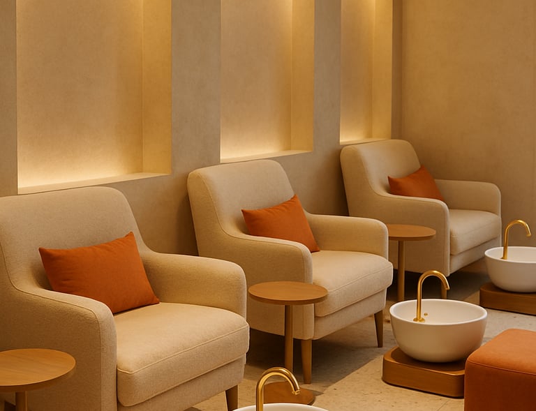 a room with a lot of chairs and a table . a pedicure station