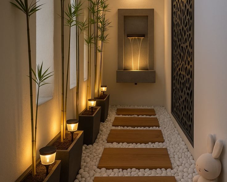 a hallway with a long row of wooden benches and candles