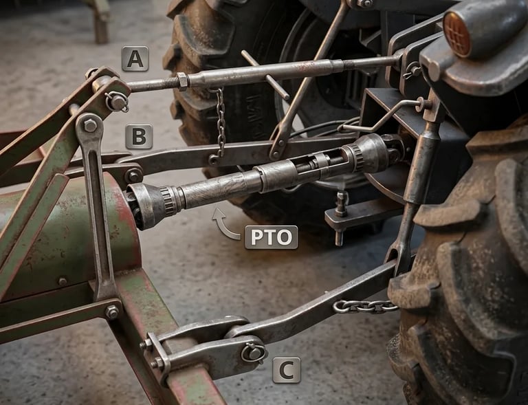Parts of a 3-point hitch (A. Upper Link B,C. Draft Arms D. Anti-sway bar or chain E. Lift Arm F. Lift Rod)
