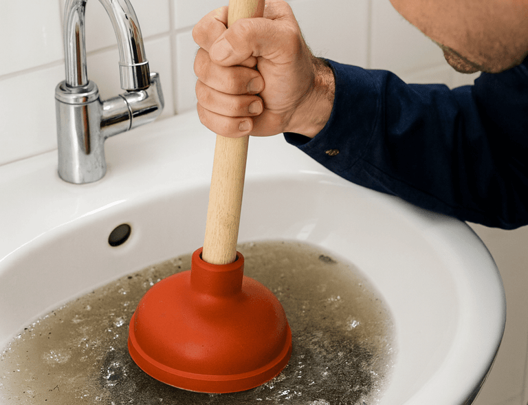 a man in a blue shirt is holding a plunger