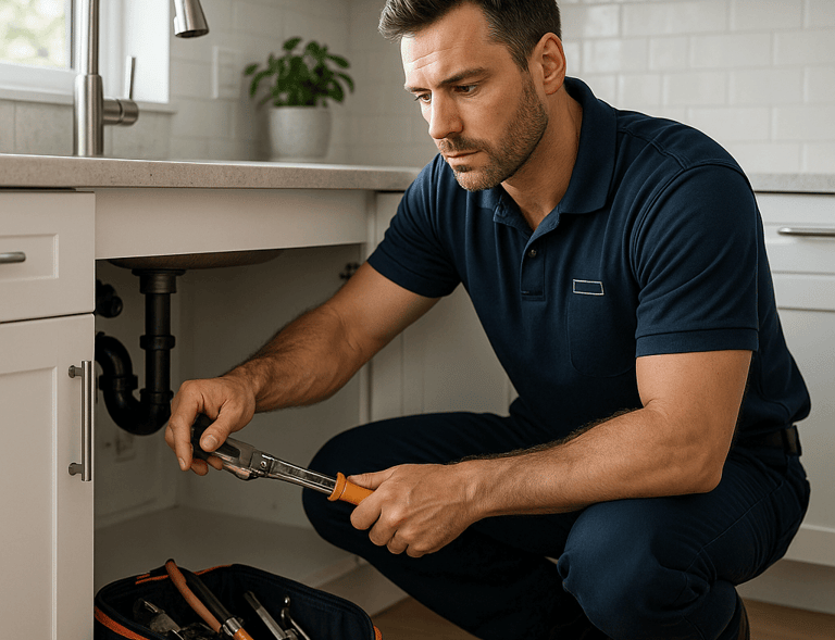 a man in a blue shirt is holding a wrenet