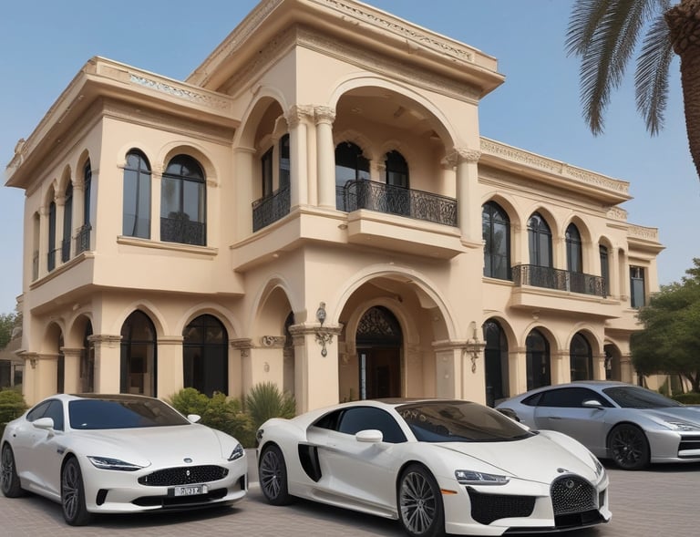 A luxury white Rolls-Royce car is parked on a gravel driveway in front of a large, elegant house with stone walls and large windows. Tall trees and bushes surround the property, creating a lush and private setting.