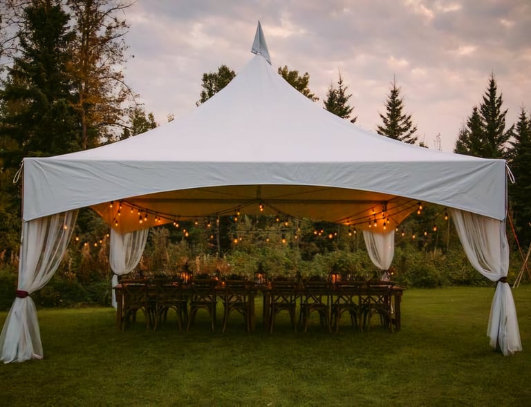 Carpa 20x20 en el patio de una casa, adornada con luces, sillas, mesas
