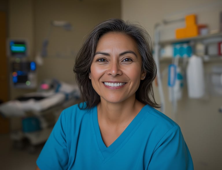 Nurse in blue scrubs sitting in medical room