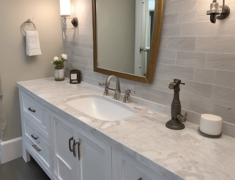 A round, white marble dish sits on a square, white marble slab with a smooth surface. Subtle gray veins and small specks are visible across the marble, enhancing its natural texture.