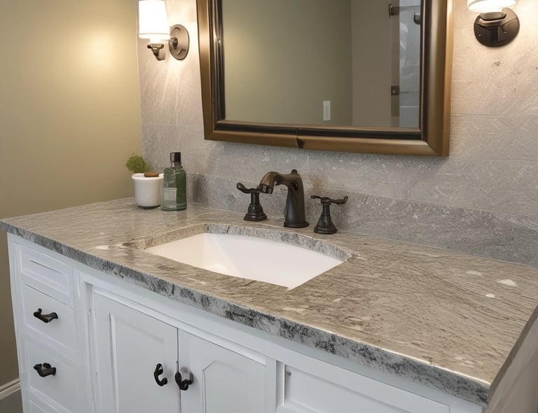A dark marble surface characterized by intricate white veining and scattered white specks. The texture appears smooth and polished, common in natural stone countertops or flooring.