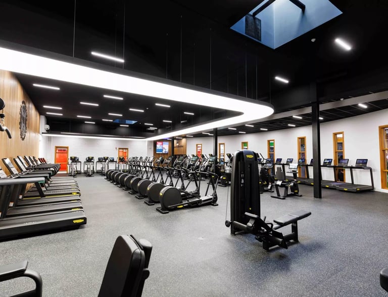 Modern commercial gym interior featuring rows of treadmills, elliptical machines, and strength training equipment.