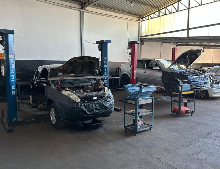 Foto carros nos elevadores da empresa em manutenção