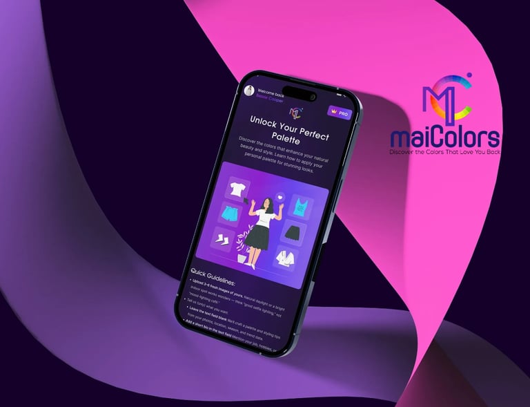 Maicolors logo and a phone screen showing a woman in a dress. this is from maicolors app screenshot.