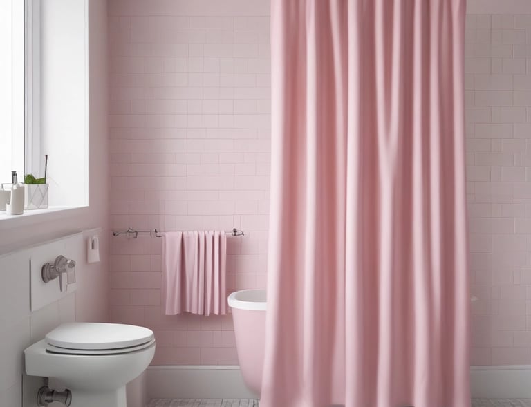 a bathroom with a pink shower curtain and a pink shower curtain
