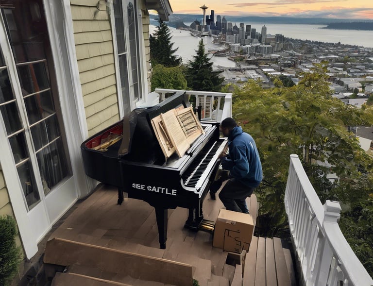 a man playing a piano on a balcony