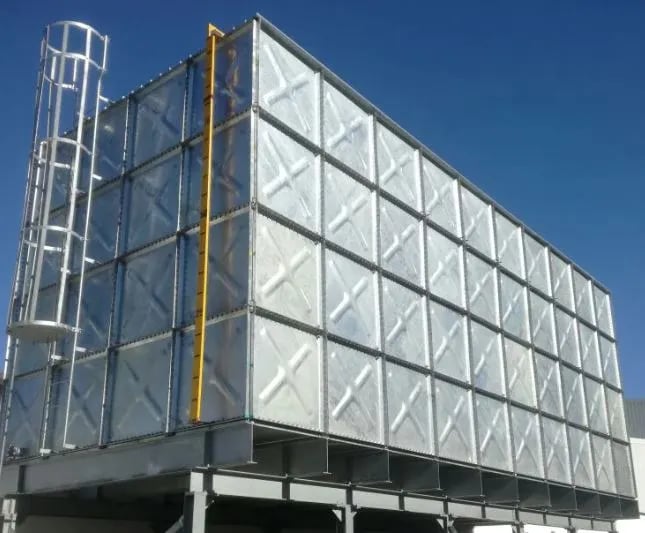 HDG Steel Sectional Water Tank installed above the steel frame for Commercial use
