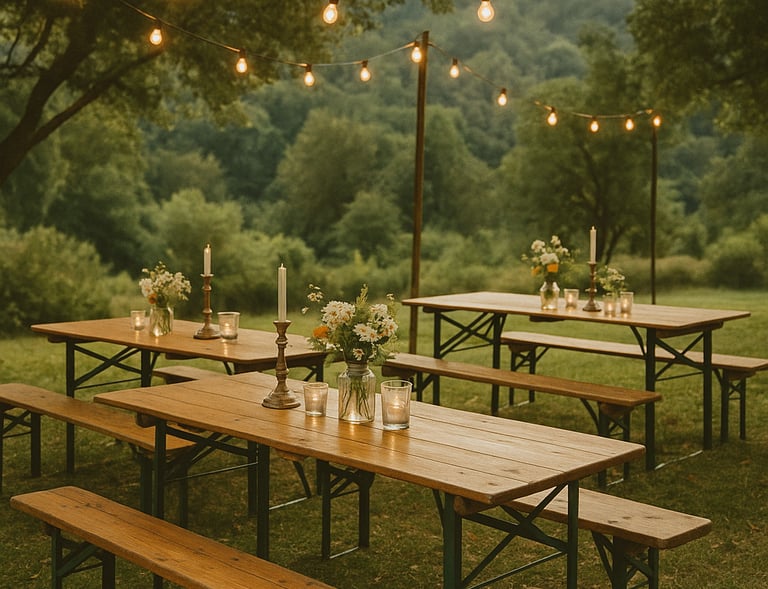 Tables guinguette en bois avec bancs, décorées de bougies et fleurs champêtres sous guirlandes 