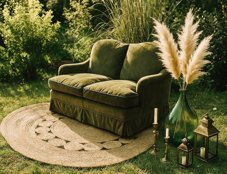 Canapé vintage vert en velours sur tapis en jute, décoré de pampas, bougeoirs et lanternes pour coin