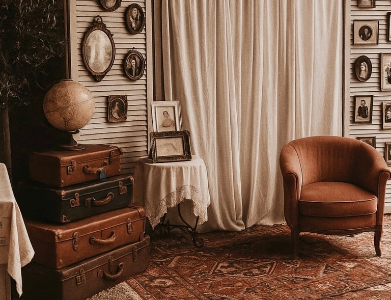 Coin Photobooth valises anciennes, fauteuil vintage, cadres anciens, tapis persan