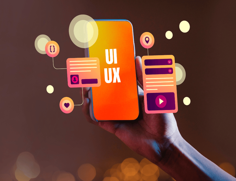 Hand holding a smartphone displaying "UI UX" with floating design elements and icons around it.