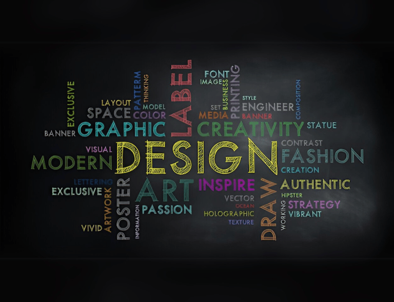 Colorful typography design concept with words like "DESIGN," "CREATIVITY," "ART," and "FASHION."