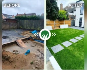 Before and after artificial grass installation in Reading