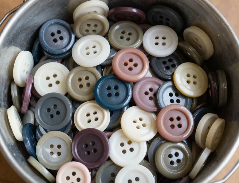 A colorful sensory bin filled with dyed rice and large buttons scattered on top.