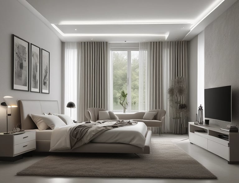 A rustic-themed bedroom featuring wooden elements and earthy tones.