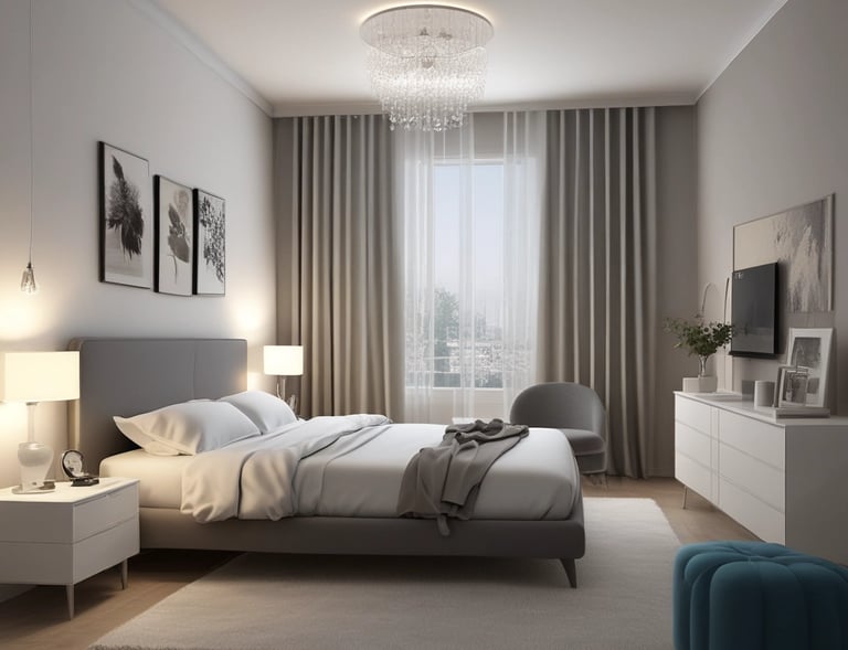 A luxurious master bedroom with a large bed and soft lighting.