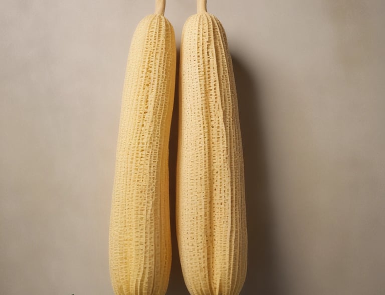 Close-up of natural luffa sponges arranged on a wooden surface with soft natural light.