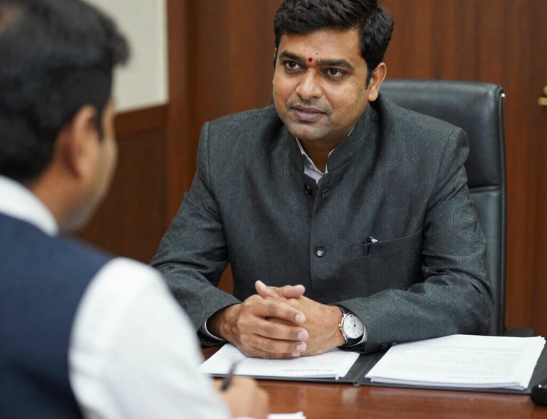 Mr. Rahul Kulkarni consulting with clients in a warmly lit office filled with legal books.