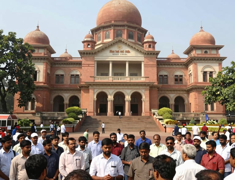 The entrance of Bombay High Court on a bright day, symbolizing justice and dedication.