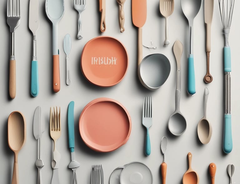 A vibrant display of assorted kitchenware including pots, pans, and utensils arranged neatly on a wooden table.