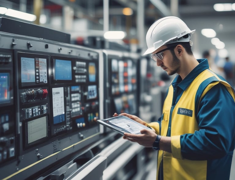 Technician interacting with a digital dashboard showing predictive maintenance alerts.