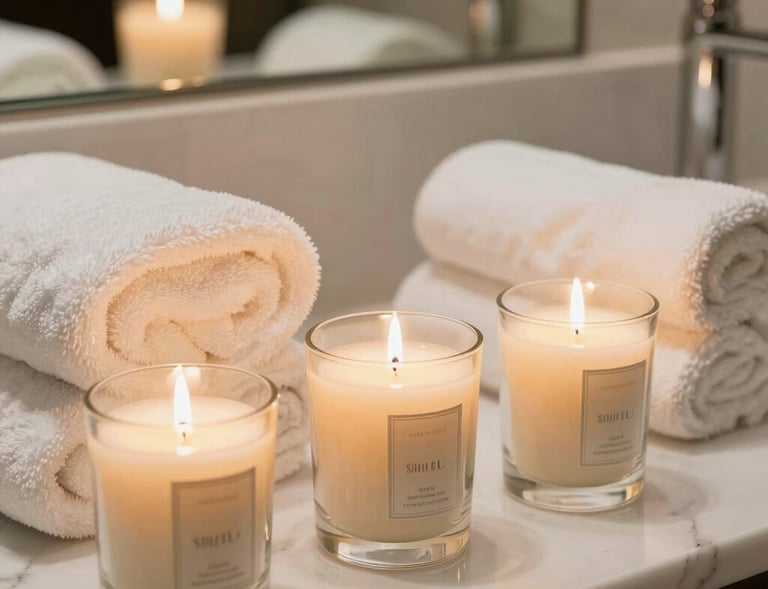 An artistic arrangement of scented candles and diffusers in a boutique hotel lounge, highlighting refined textures and warm tones.