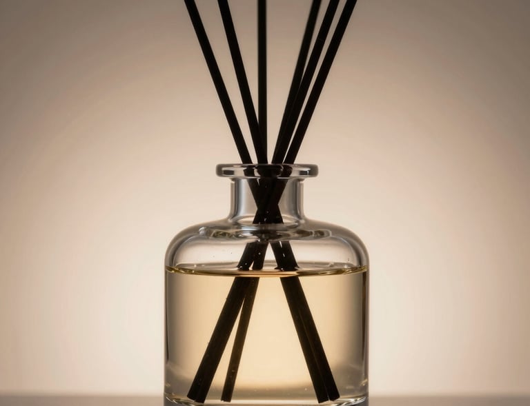A sleek black and gold signature scent bottle elegantly displayed on a marble surface with soft ambient lighting.