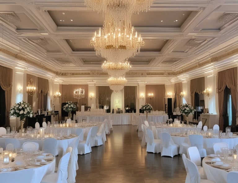 A lively social gathering featuring guests enjoying a beautifully decorated banquet hall.