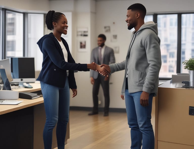 A happy client shaking hands with a friendly tax consultant in a bright office.