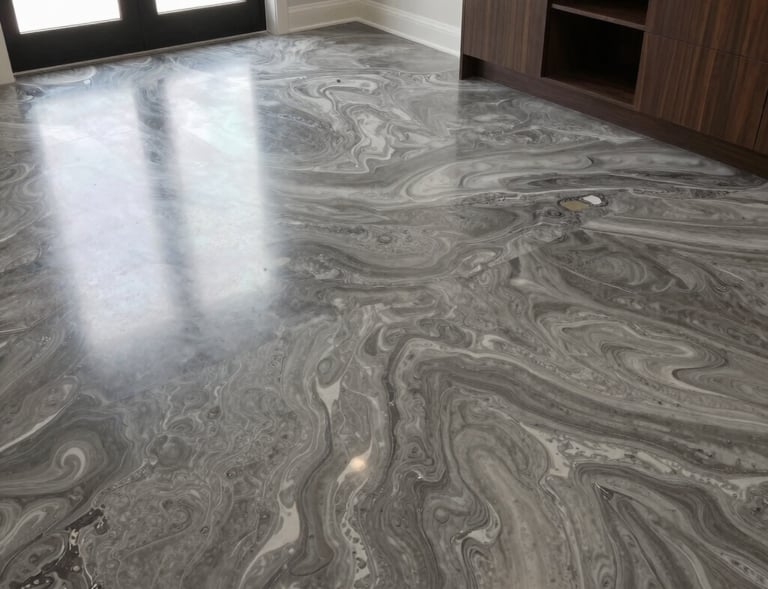 High-resolution image of a polished concrete resurfaced floor with epoxy gloss accents