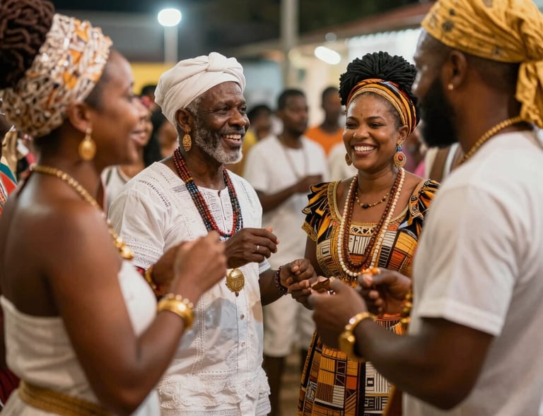 An image of a devotee dressed in yellow and gold, holding a ritual object in a peaceful outdoor setting.