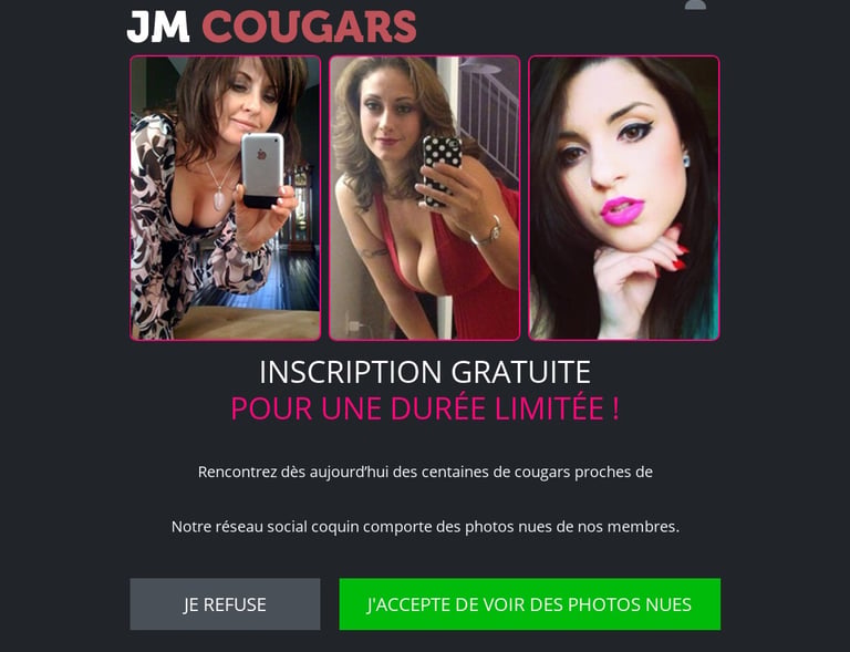 Three attractive women in selfies on the JM Cougars dating site landing page with a free registration offer.