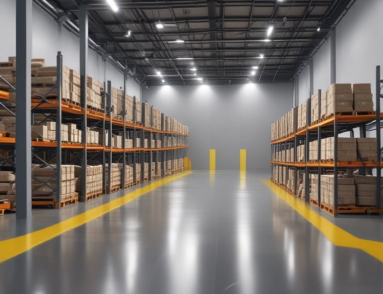 Workers applying a self-levelling epoxy coating in a factory setting, with tools and materials visible.