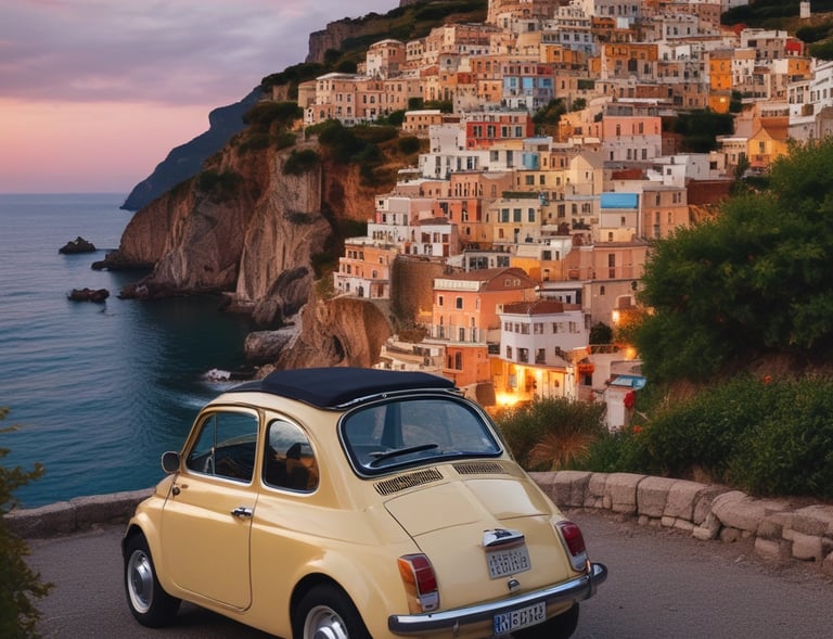 A winding coastal road along the Amalfi Coast with a vintage car driving at sunset.
