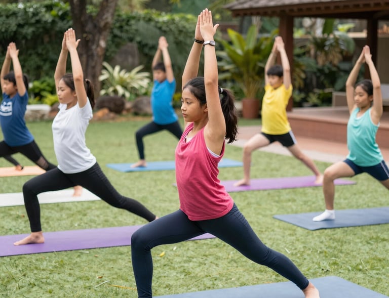 A joyful group photo of kids and their instructor celebrating after a yoga session outdoors.