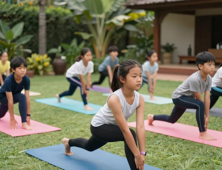 A group of children joyfully practicing yoga poses on colorful mats in a bright, sunlit studio.