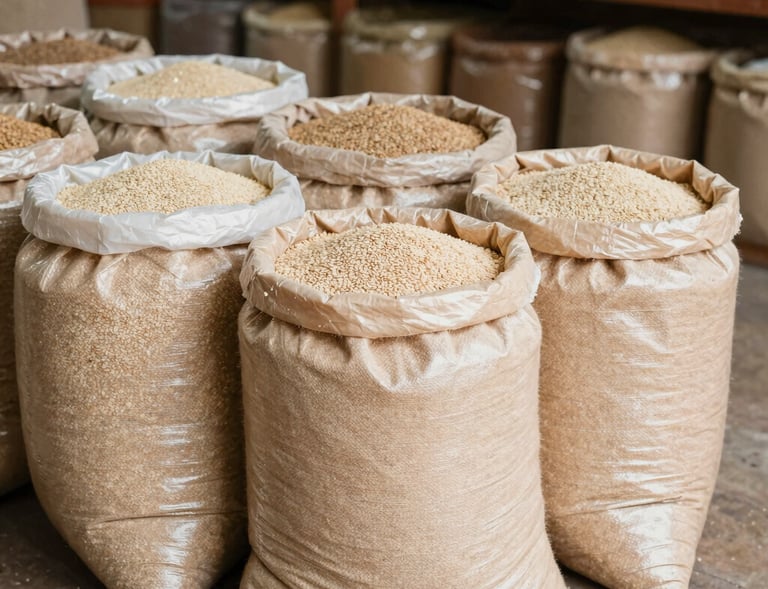Bags of sesame seeds stacked neatly in a warehouse in Africa.