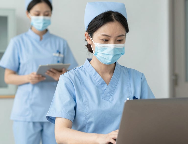 Close-up of hands organizing credentialing paperwork with a stethoscope on the desk.