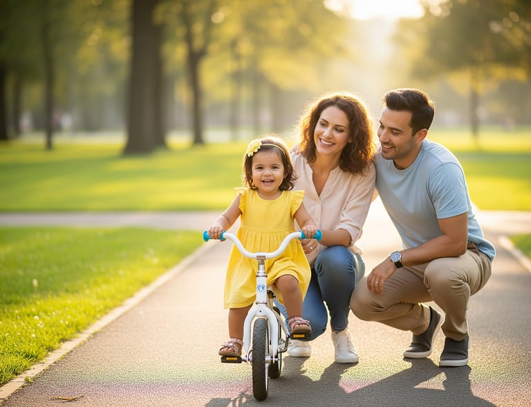 Menina pequena de vestido amarelo aprendendo a andar de bicicleta no parque, acompanhada e incentiva