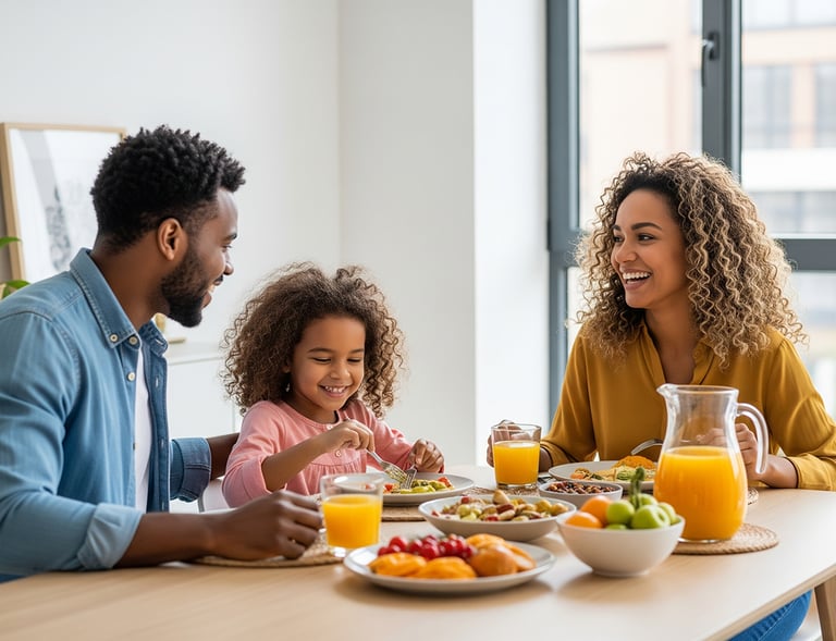 Família sorridente tomando café da manhã juntos, com mesa servida com frutas, pães, salada e suco de