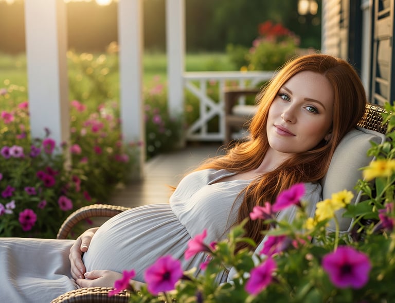 Mulher grávida ruiva, vestindo vestido cinza, relaxando em cadeira no jardim florido, ao pôr do sol.